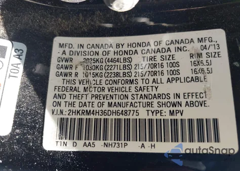 2013 Honda Cr-V Lx из США, поврежденный, VIN 2HKRM4H36DH648775